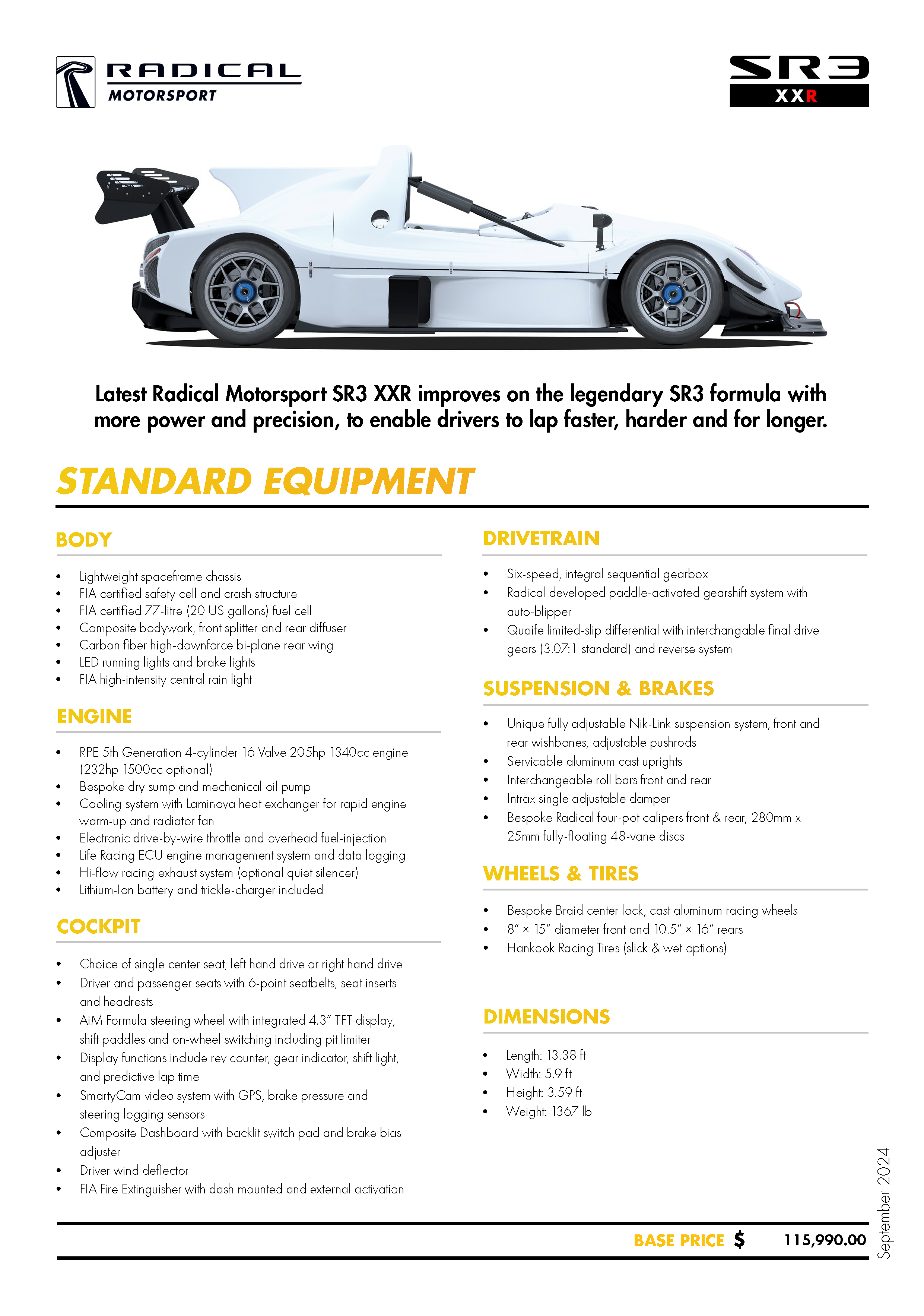 2025 Radical SR3XXR Center Carbon Seat 1500cc Cup Spec - Spring Mountain Livery - August Delivery